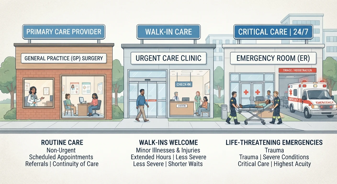 Urgent Care, Emergency Room, or GP: Matching Your Situation to the Right Setting